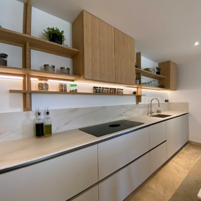 Modern Island Kitchen Design with Marble Countertop and Open Wooden Shelving